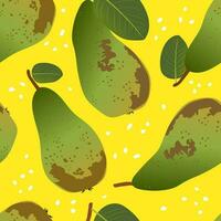 Conference grade pear. Green fruits on a yellow background. Seamless cute pattern for textiles. Vector. vector