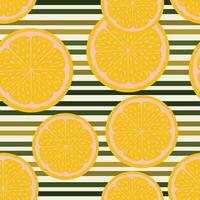 Slices of orange. Round lemon slices create a fruity seamless pattern with a striped green background for modern textile. Summer vibes. Vector. vector