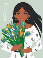 Happy women's day. Pretty woman with long flowing black hair holds rainbow tulips in her hands and rejoices in the spring holiday. Vertical blue banner. Vector. vector