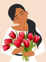 A happy woman with long black hair in a white dress holds a bouquet of red tulips in her hands on a pink vertical background. International Women's Day, Valentine's Day or Birthday. Vector. vector