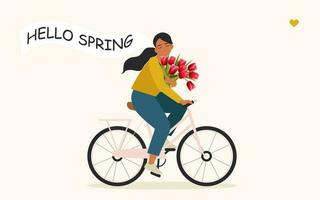 A happy girl with a bouquet of tulips in her hand rides a bicycle and rejoices at the beginning of spring. Pretty cyclist enjoying warm weather, doing physical and mental health. Vector. vector