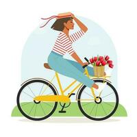 un contento mujer en un Panamá sombrero con tulipanes en un cesta paseos un bicicleta y se regocija a el comenzando de primavera. un linda niña es disfrutando verano mientras mejorando su físico y mental salud. vector. vector