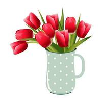 Beautiful red tulips in a blue jug. Bouquet of cute spring flowers in vase isolated on white background. Vector. vector