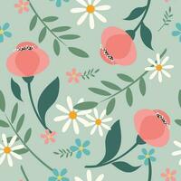 Botanical seamless pattern. Beautiful wild flowers on a blue background with green leaves and branches. Vector. vector