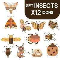 Set of colored cute insect sketch characters Vector illustration