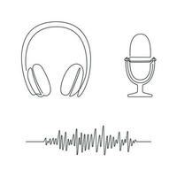 Podcast set drawn in one continuous line. One line drawing, minimalism. Vector illustration.
