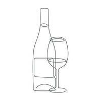 botella y vino vaso dibujado en uno continuo línea. uno línea dibujo, minimalismo vector ilustración.