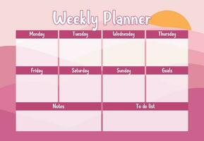 Vector printable weekly planner with mountain landscape background. Weekly Planner, Schedule, Agenda, Weekly Overview, Tasks, Weekly Organizer. Business organizer page vector illustration