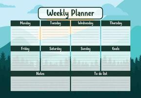 Printable weekly planner organizer template with mountain landscape background. Weekly Schedule template. to-do list, notes, notebook page, Business organizer, Paper sheet, vector illustration