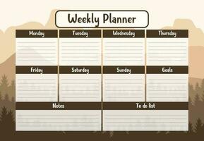 Printable weekly planner template with mountain landscape background. Weekly Schedule template. to-do list, notes. notebook page isolated. Business organizer page. Paper sheet. vector illustration