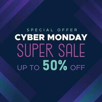 Cyber Monday Colorful Neon Style Super Sale Web Banner. Cyber Monday Sale Special Offer Social Media Post Design. Business, Promotion, and Advertising Vector Template. Seasonal Offers Mega Big Sale