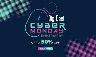 Cyber Monday Colorful Neon Style Super Sale Web Banner. Cyber Monday Sale Special Offer Social Media Post Design. Business, Promotion, and Advertising Vector Template. Seasonal Offers Mega Big Sale