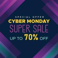 Cyber Monday Colorful Neon Style Super Sale Web Banner. Cyber Monday Sale Special Offer Social Media Post Design. Business, Promotion, and Advertising Vector Template. Seasonal Offers Mega Big Sale