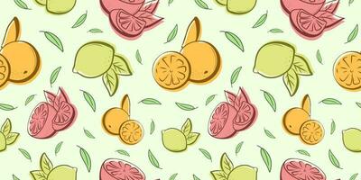 sin costura brillante verde, rosa, naranja y amarillo modelo con delicioso limones, Lima, pomelo, naranja para tela, dibujo etiquetas, impresión en camiseta, fondo de pantalla de para niños habitación, Fruta antecedentes. vector