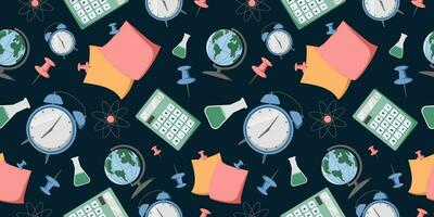 Seamless Pattern of college or school stationery on white background. Globe, pins, calculator, notes, test tube. Perfect for office or school themes, wrapping paper, poster and banner, textile vector