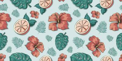 Tropical vector seamless pattern. Can be used for decoration of albums, blog, web sites, postcard, poster, wrapping paper. Elements of monstera and palm leaves,  grapefruit and hibiscus .