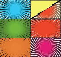 Comic book colorful frames background with halftone rays radial and dotted effects pop art style vector