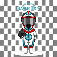 Cute Cartoon racer boy wearing helmet and racing suit vector