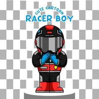 Cute Cartoon racer boy wearing helmet and racing suit vector