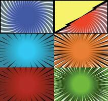 Comic book colorful frames background with halftone rays radial and dotted effects pop art style vector