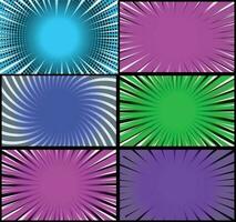 Comic book colorful frames background with halftone rays radial and dotted effects pop art style vector