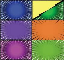 Comic book colorful frames background with halftone rays radial and dotted effects pop art style vector