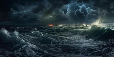 Storm in ocean with lighting natural disaster phenomenon photo
