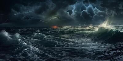 Storm in ocean with lighting natural disaster phenomenon AI Generated photo