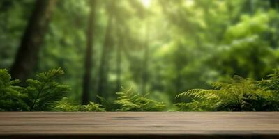 Woody floor and green forest blurred copy space background, AI generated photo