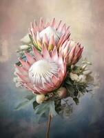 Pink protea flower copy space background. AI Generated photo