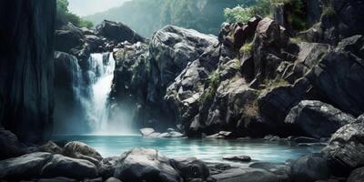 cascada y Roca Copiar espacio borroso fondo, ai generado foto