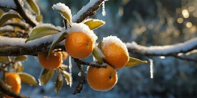 hielo tormenta arboles y manzana Fruta congelar en invierno, ai generado foto