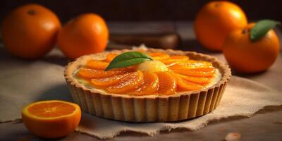 Pie tart orange fruit cake dessert blurred background, AI Generateand photo