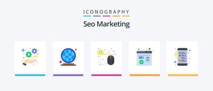 Seo Marketing Flat 5 Icon Pack Including mobile. checklist. click. browser seo. http. Creative Icons Design vector