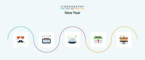 New Year Flat 5 Icon Pack Including new year. cake. food. new year. calendar vector