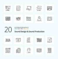 20 Sound Design And Sound Production Line icon Pack like keyboard mobile hertz video music vector