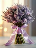 Lavender flower wedding bouquet blurred window background. AI Generated photo