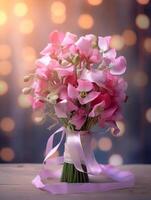 Sweet pea wedding bouquet flower on blurred window background. AI Generated photo