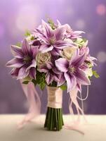Clematis flower wedding bouquet blurred window background. AI Generated photo