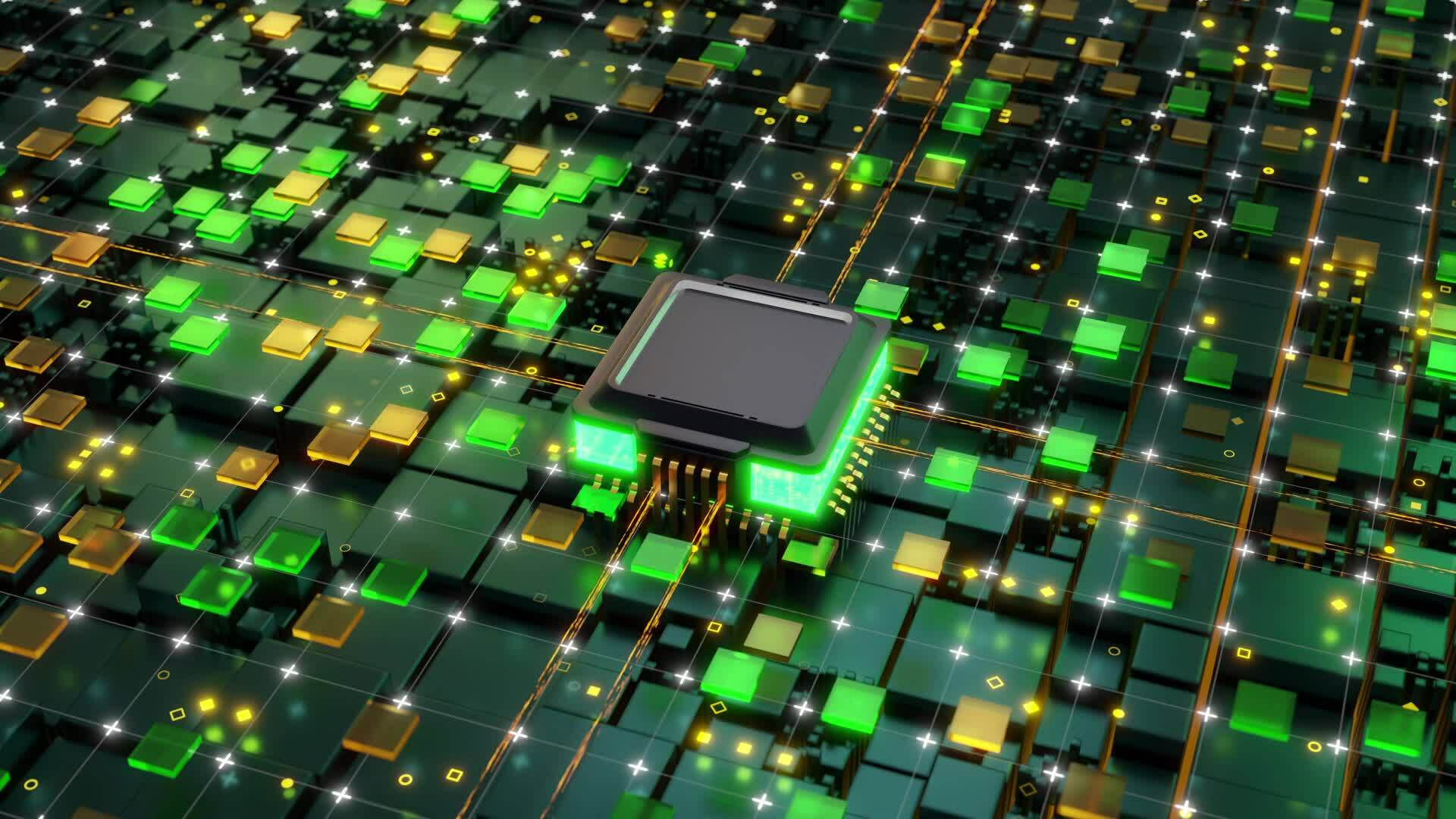 Colorful concept animation shows the process of turning on the CPU in ...