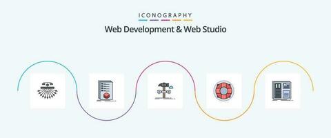 Web Development And Web Studio Line Filled Flat 5 Icon Pack Including lifebuoy. help. listing. service. hammer vector