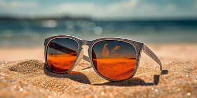 Gafas de sol en arena playa fiesta antecedentes. ai generado foto