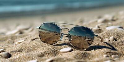 Gafas de sol en arena playa fiesta antecedentes. ai generado foto