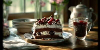 Black forest cake tart blurred background, AI Generateand photo