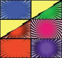 Comic book colorful frames background with halftone rays radial and dotted effects pop art style vector