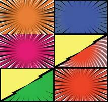 Comic book colorful frames background with halftone rays radial and dotted effects pop art style vector