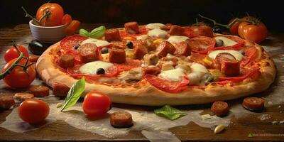 Pizza cheese and sausage blurred background, AI Generateand photo