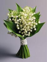 Lily of the valley wedding bouquet flower on blurred window background. AI Generated photo