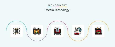 Media Technology Line Filled Flat 5 Icon Pack Including install. laptop. news. internet connectivity. screen vector