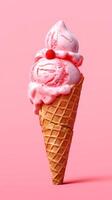 Ice cream cone waffle with strawberry topping background. photo